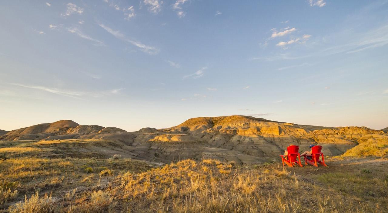 Red chairs overlooking Grasslands National Park, Saskatchewan