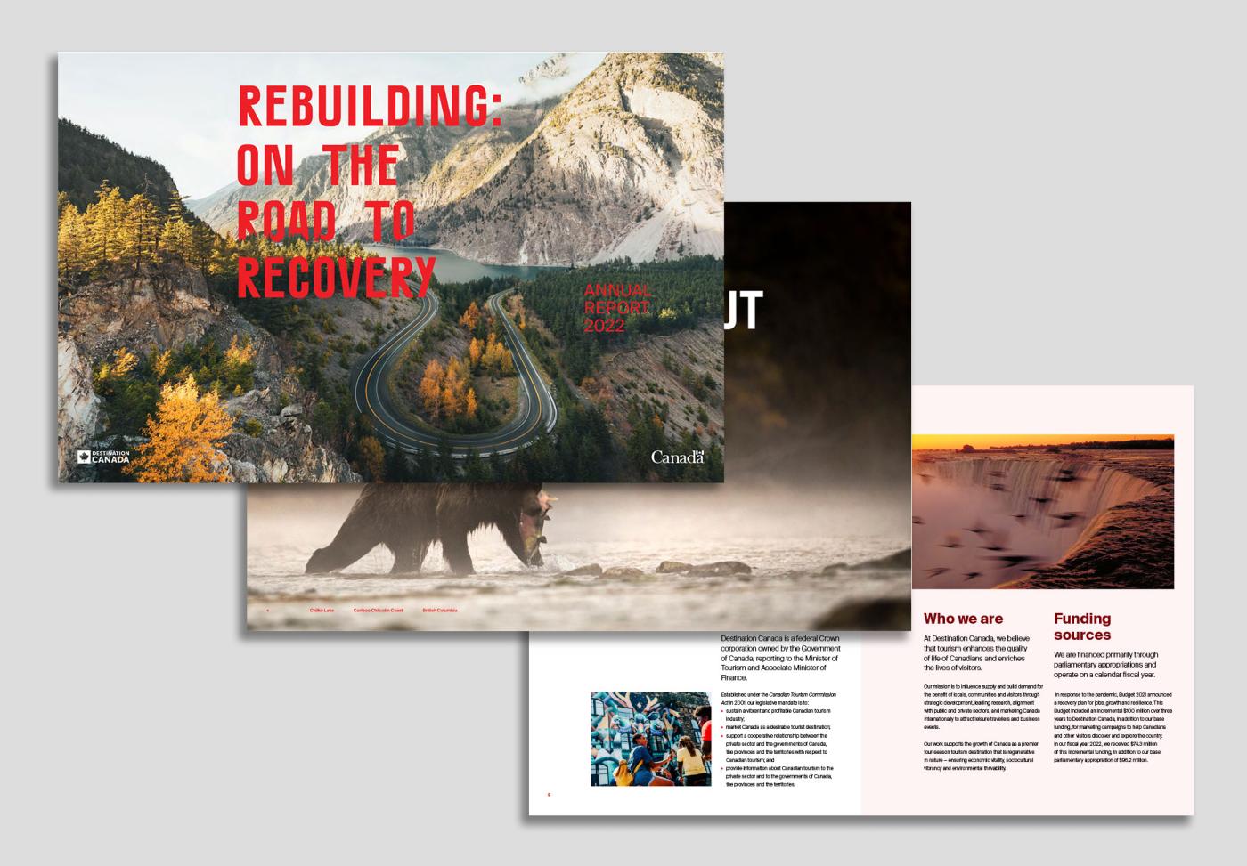 Cover and inside page spread of the 2022 Destination Canada annual report
