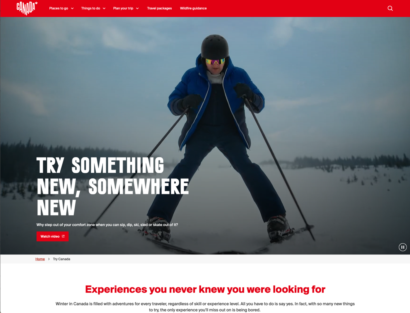 A screenshot of the Try Canada website landing page