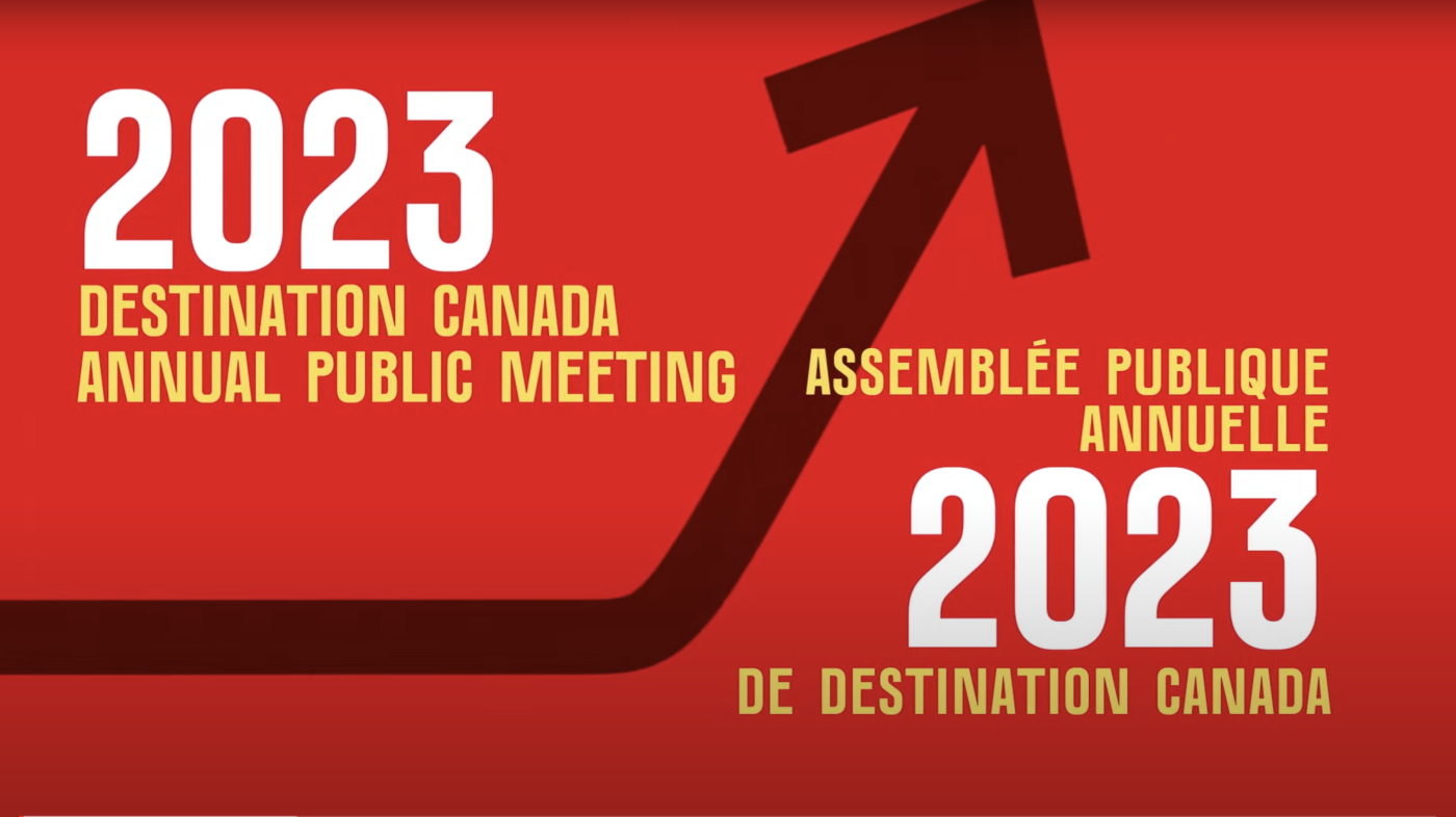 A screenshot of the beginning animated sequence of the video with text on a red background that reads, "2023 Destination Canada Annual Public Meeting / Assemblée publique annuelle 2023 de Destination Canada"